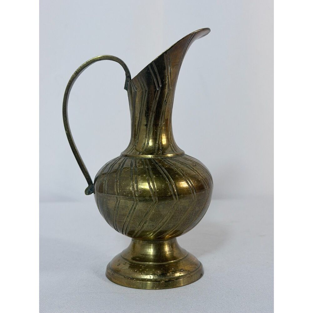 VTG Small Brass Urn Vase Bud Pitcher Embossed Home Decor Accent India 6" Footed